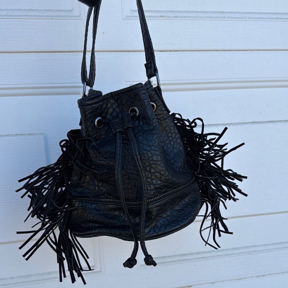 Black Fringe Leather Bucket Bag
